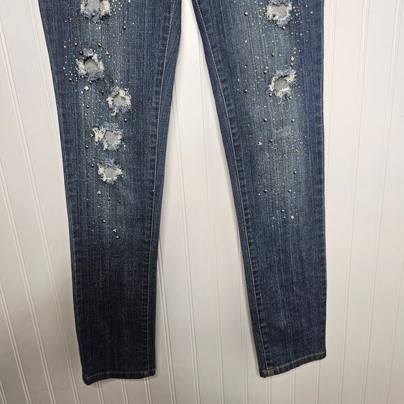 y2k TwentyOne Black Rue 21 Studded Low Rise Skinny Jeans Size 7/8 R Stretch Goth - Picture 4 of 11